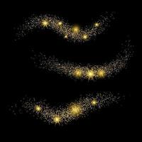 Set of three Light Waves with Gold Glitter Effect on a black background. Abstract swirl lines. Vector illustration