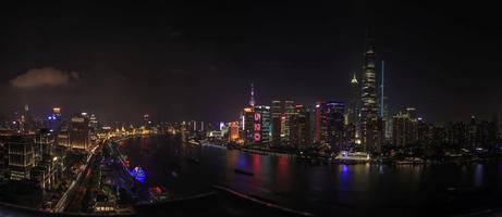 Panoramic areal view on the Bund in Shanghai at night in summer photo