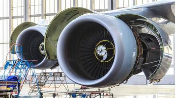 Aircraft engines in maintenance in airline workshop photo