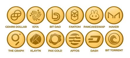 Set of Cryptocurrency Logo Coins Gemini Dollar, IOTA, BitDAO, Fantom, PancakeSwap, Maker, The Graph, Klaytn, PAX Gold, Aptos, Dash, BitTorrent vector