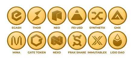 Set of Cryptocurrency Logo Coins eCash, THORChain, Neo, Fei USD, Synthetix, GMX, Mina, GateToken, Nexo, Frax Share, ImmutableX, Lido DAO vector