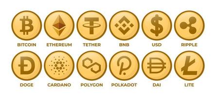 conjunto de monedas de logotipo de criptomoneda bitcoin, ethereum, atadura, bnb, usd, onda, dux, cardano, polígono, lunares, dai, lite vector