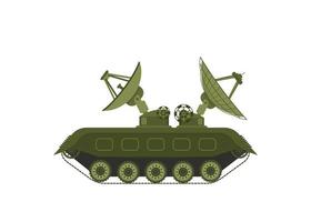 Military truck. Army transport with antenna. Modern appliances in protective green color. Radar and detection system. Scanning and recognition. Cartoon illustration vector