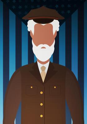 A veteran in a brown military uniform against the background of the flag. Veteran army soldier used for veterans day, independent day, vector.