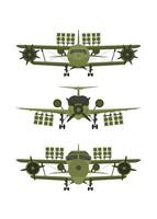 Set Military plane front view. Green fighter with rocket launchers. vector