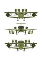 Set Military plane front view. Green fighter with rocket launchers. vector