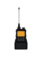 Radio transceiver. Black rectangle portable device with yellow screen and antenna. Vector 3d illustration isolated on white background