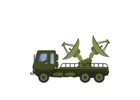 Military truck. Army transport with antenna. Modern appliances in protective green color. Radar and detection system. Scanning and recognition. Cartoon illustration vector