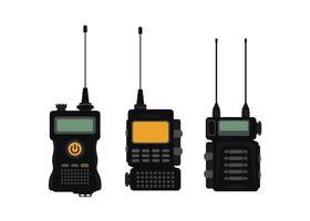 Set Radio transceiver. Black rectangle portable device with yellow screen and antenna. vector