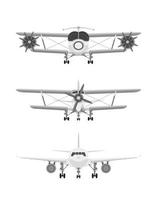 conjunto de aviones aislado sobre fondo blanco, vista frontal. vector