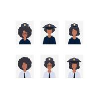 iconos de oficiales de mujeres jóvenes, ilustración de vector de personaje femenino militar profesional