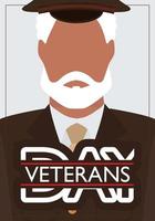 Veterans Day Postcard. Veteran in brown military uniform. Cartoon style vector