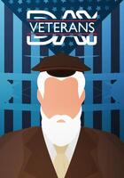 Veterans Day Postcard. A veteran in a brown military uniform against the background of the flag. vector