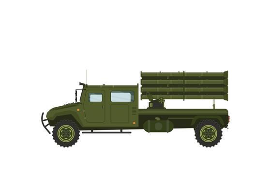 Multiple Rocket Launcher, Military Truck with Intercontinental Ballistic Rocket Flat Vector Illustration