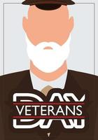 Veterans Day Postcard. Veteran in brown military uniform. Vector illustration. Cartoon style