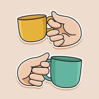 Hand drawn sticker doodle hands with cups vector illustration