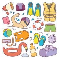 Doodle set of Swimming tools and objects hand drawn vector illustration