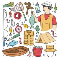 Fishing doodle tool and equipment objects vector