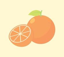 diseño de ilustración plana de dibujos animados de frutas naranjas. fruta fresca entera y media naranja con hojas. frutas de verano para un estilo de vida saludable. fruta organica vector