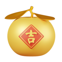 Golden mandarin orange with sign isolated. Chinese new year elements icon. 3D illustration. Text Lucky png
