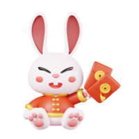 Rabbits in traditional clothing holding CNY red envelopes isolated. Chinese new year elements icon. 3D illustration. png