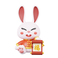 kaninchen in traditioneller kleidung, die scrollpapier isoliert halten. Symbol für Elemente des chinesischen Neujahrsfests. 3D-Rendering. Text Glück png