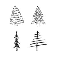 Hand drawn Christmas trees. Set of four monochrome sketched illustrations of firs. Winter holiday doodle elements. Vector illustration