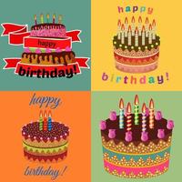Set of four sweet birthday cakes with burning candles. Colorful holiday dessert. Vector celebration background.