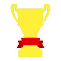 Champion cup in gold with red ribbon and incription winner. Championship prizes for first place. Victory symbols isolated on white background. vector