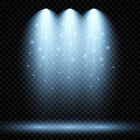 Cold blue lighting with three spotlights. Scene illumination effects on a dark transparent background. Vector illustration