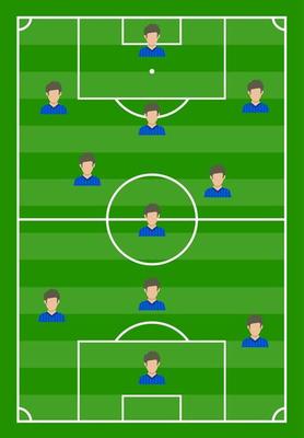 Football field with green grass and with eleven players. Vector illustration