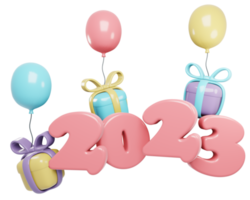 3D-Rendernummer des neuen Jahres 2023 mit Ballon und Geschenk. 3D-Darstellung. png