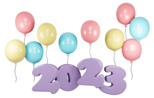 3d renderize o número do ano novo 2023 com balão. ilustração de renderização 3D. png