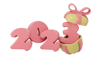 Boîte-cadeau de nouvel an de rendu 3d ouverte avec le numéro 2023. illustration de rendu 3d. png