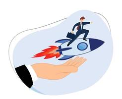 fast business success concept. increase business. vector illustration of a giant hand releasing a rocket. flat vector of businessman riding a rocket