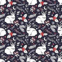 White hares on the background of twigs, Christmas. vector pattern