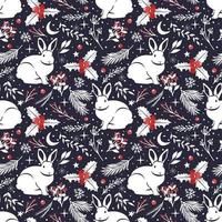 White hares on the background of twigs, Christmas. vector pattern