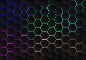 The hexagons are arranged like a honeycomb, with light blue, pink, green, orange below them bright and dark. on a black background, fantasy, futuristic and technology vector