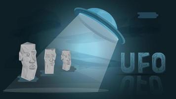 A ufo flies over stone heads at night a flat illustration for the design vector