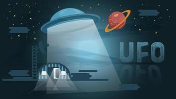 Ufo takes off from a secret base against the background of the planet and stars flat illustration for design vector