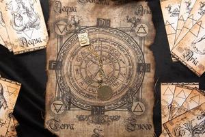 Ancient esoteric witchcraft background. Occultims and paganism old symbol, with mysterious runes alphabet photo