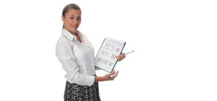 A portrait of a young woman trying to make a decision over white background photo