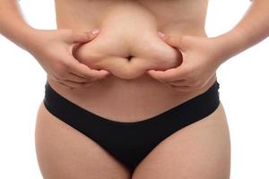 Midsection view of a woman pinching skin for fat test. Isolated on white background. photo