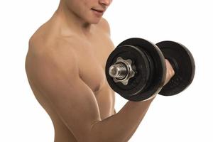 male holding  dumbbells isolated on white background photo