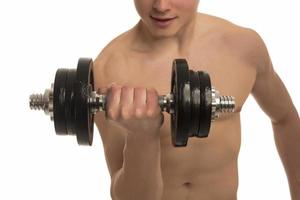 male holding  dumbbells isolated on white background photo