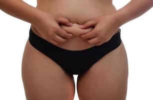 Midsection view of a woman pinching skin for fat test. Isolated on white background. photo