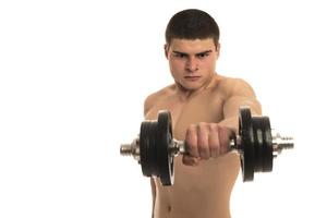 male holding  dumbbells isolated on white background photo