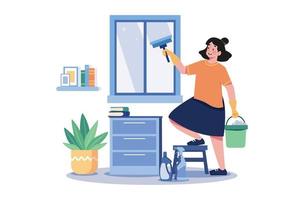 Woman Doing Window Cleaning With Cleaning Equipment vector