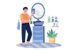 hombre limpiando espejo en el baño vector