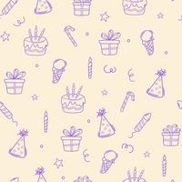 Birthday seamless pattern. Party decorative items. Birthday cream cakes, gift boxes, garlands. Hand drawn background for a party, holiday for children, festival. Vector cartoon illustration.